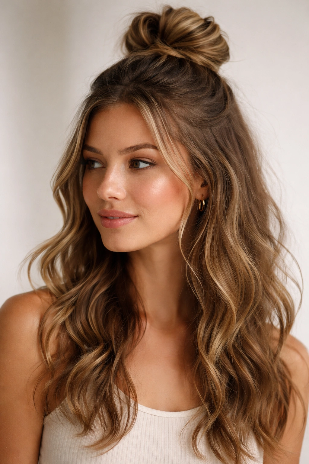 Half-up topknot with waves cascading below in a neutral studio
