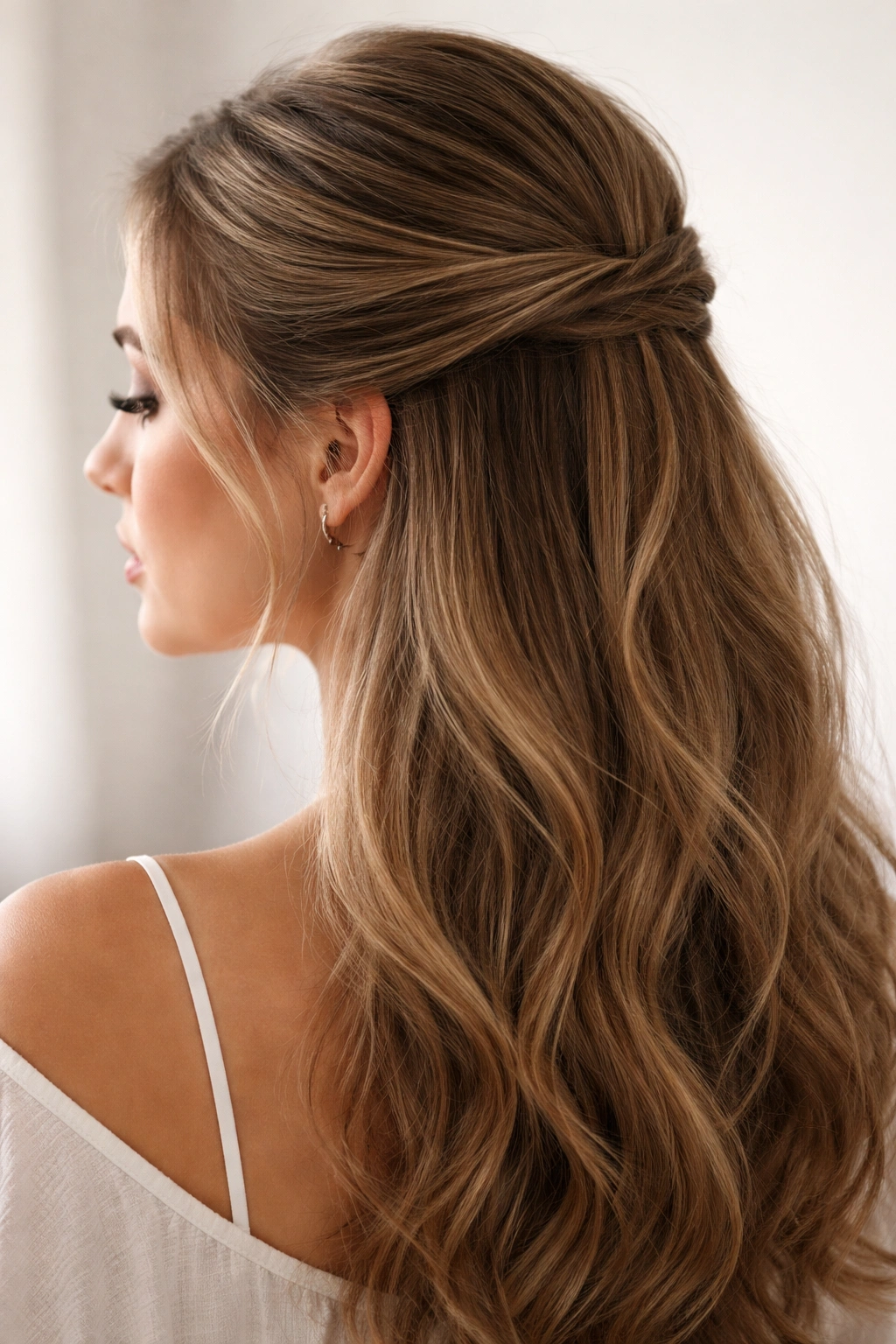 Half-up hairstyle with tucked sections pinned discreetly.
