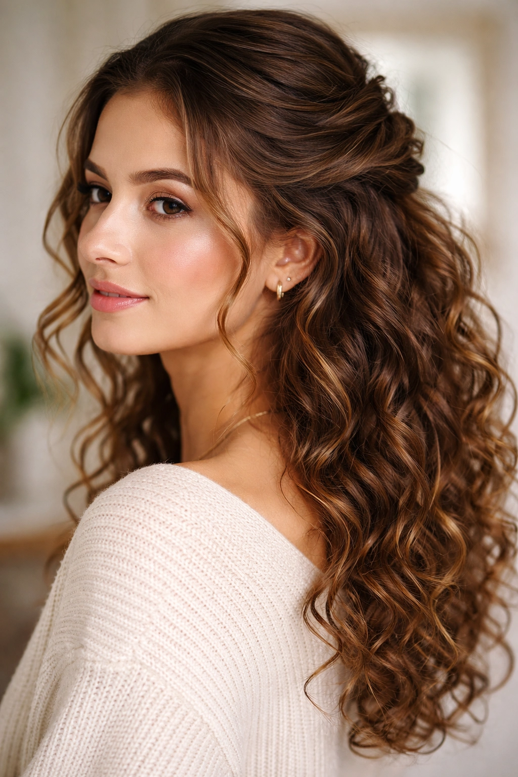 Three-quarter view of half-up twist with curls cascading down