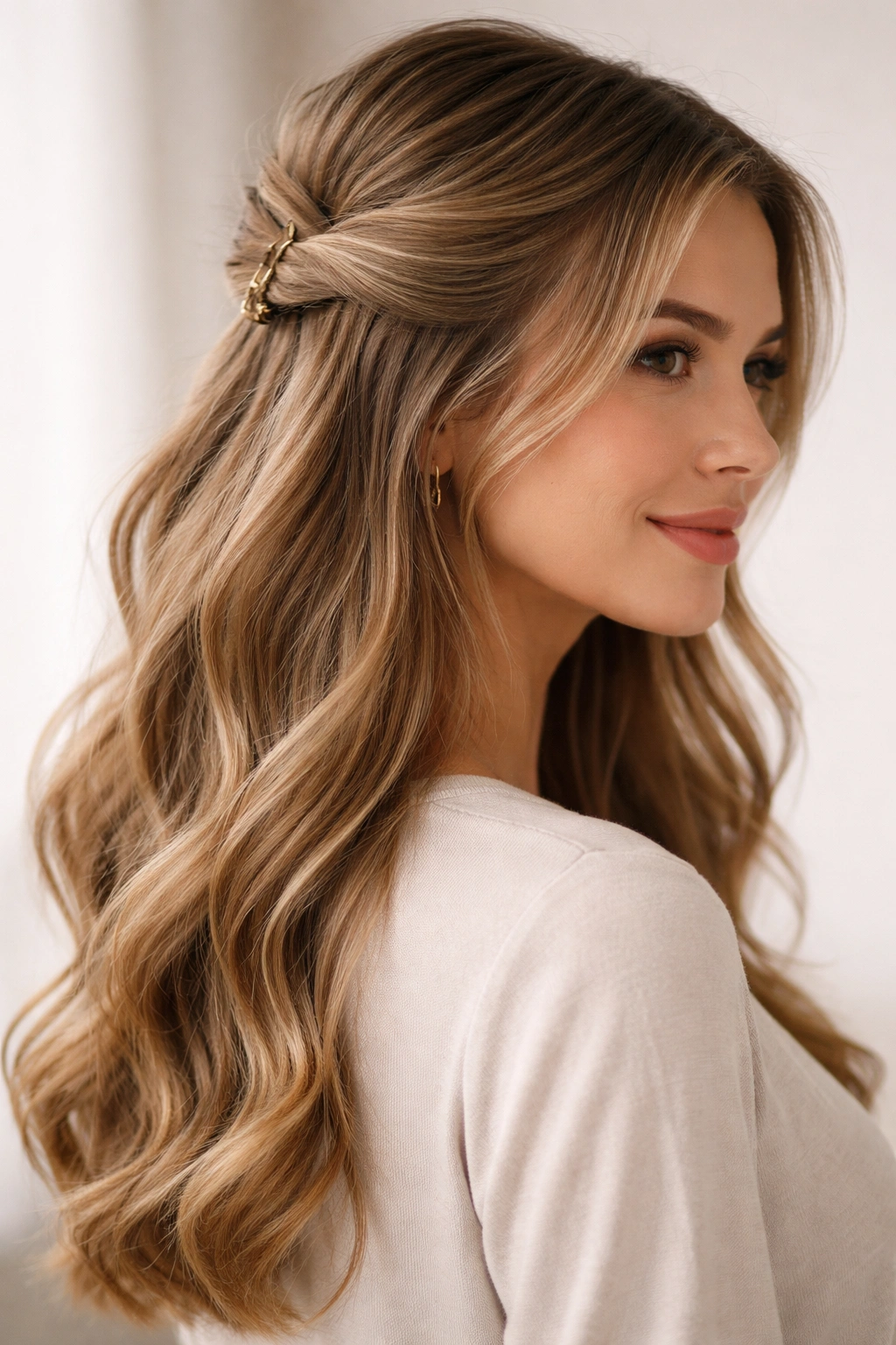 Half-up twist hairstyle with top section twisted back