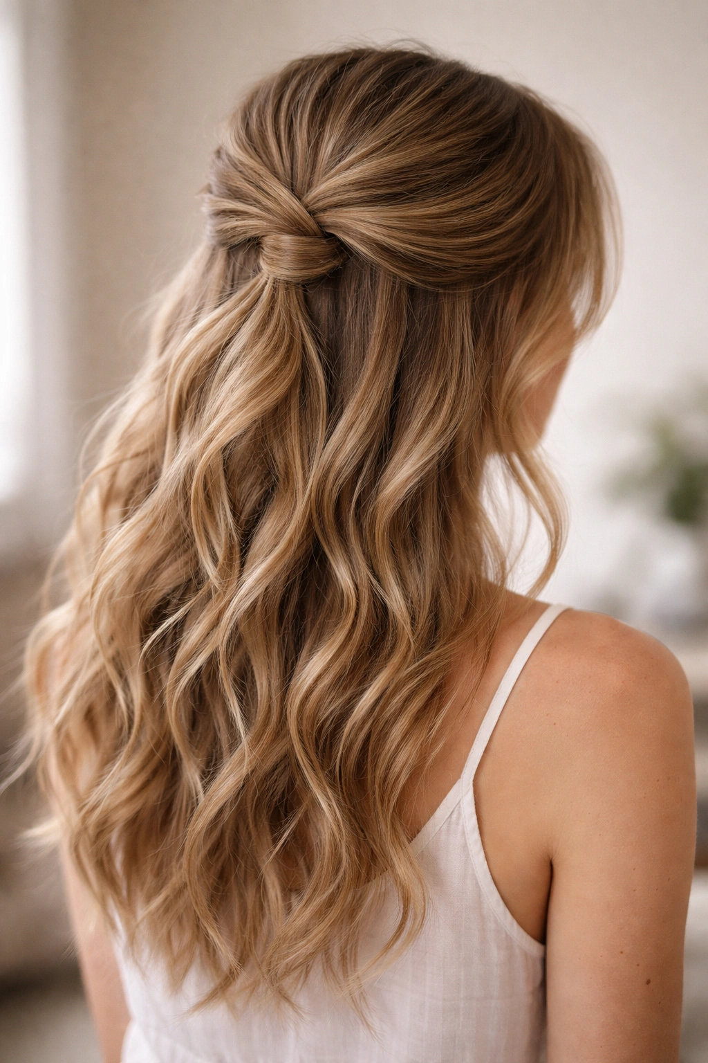 Half-up twist knot hairstyle on fine wavy hair with soft texture and crown lift