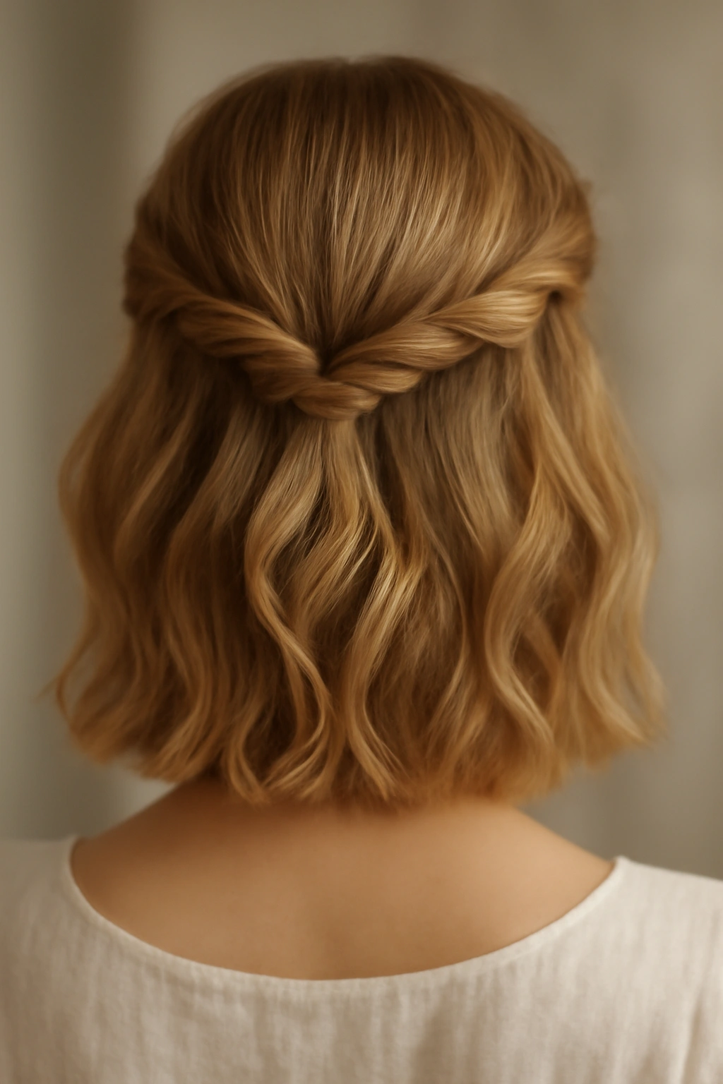Half-up half-down with twisted sections on short hair