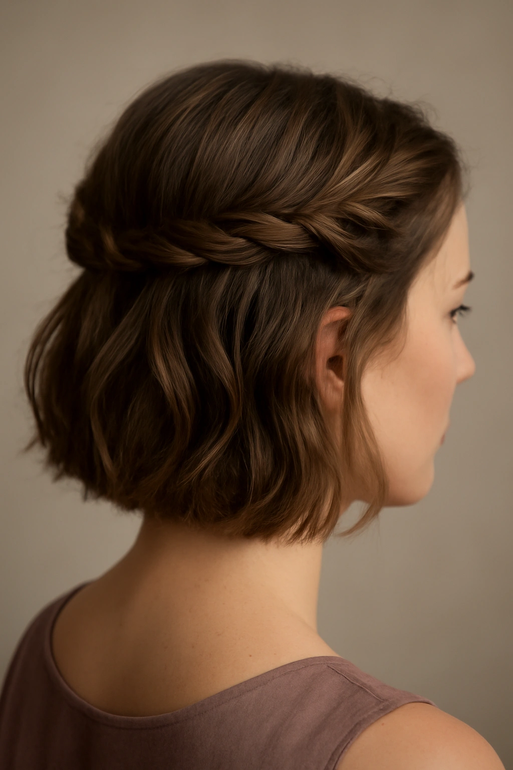 Back and side view of short hair in a half-up twisted crown.