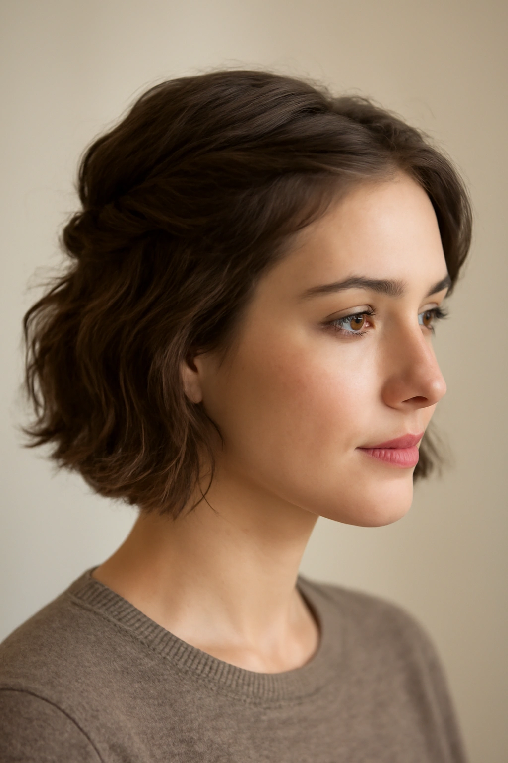 Close-up of half-up hairstyle with twisted detail on short hair