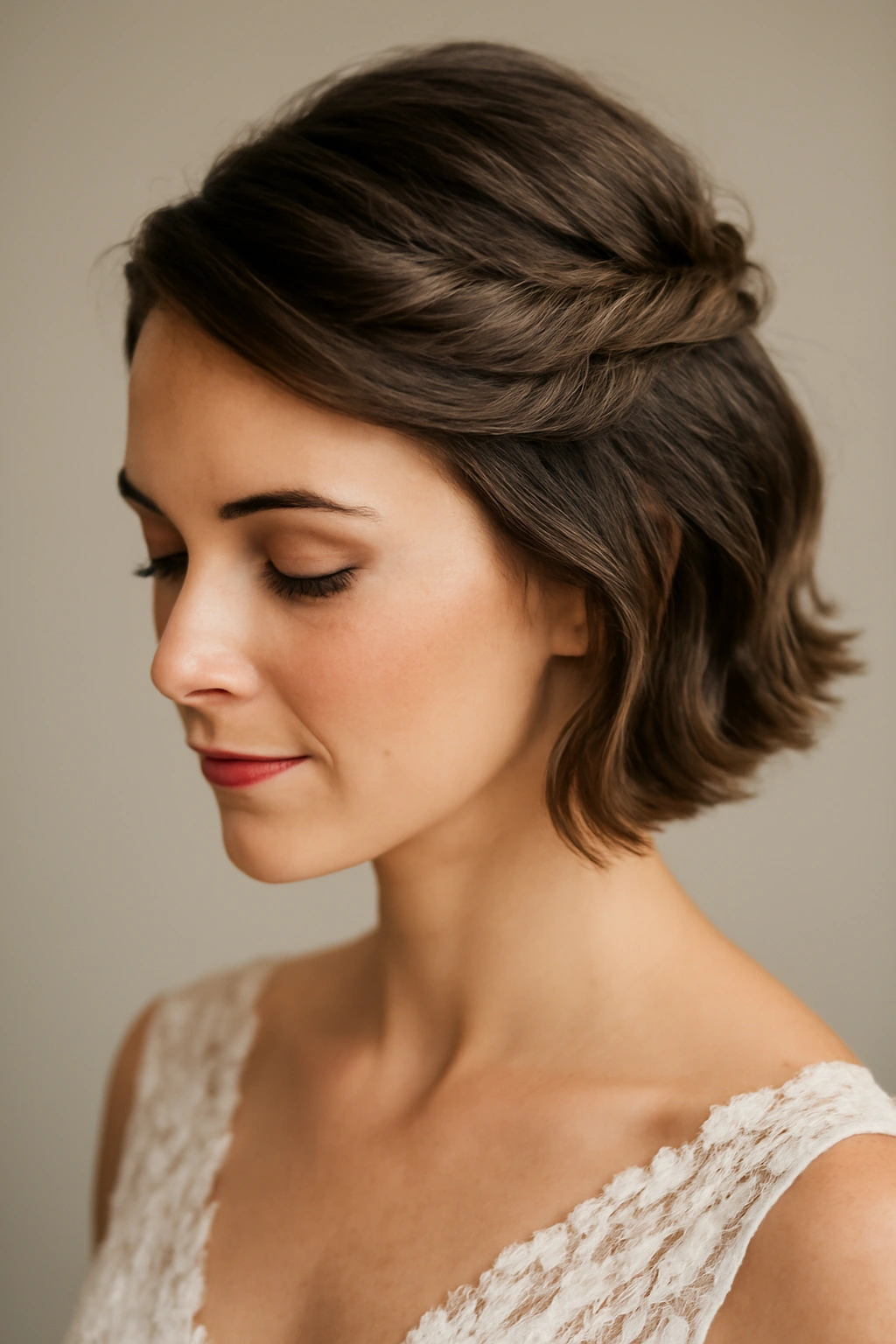 Bride with half-up twisted hairstyle on short hair