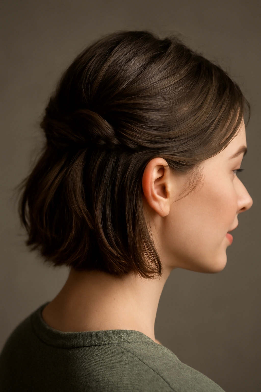 Close-up of short hair with the top half twisted into a loose knot.