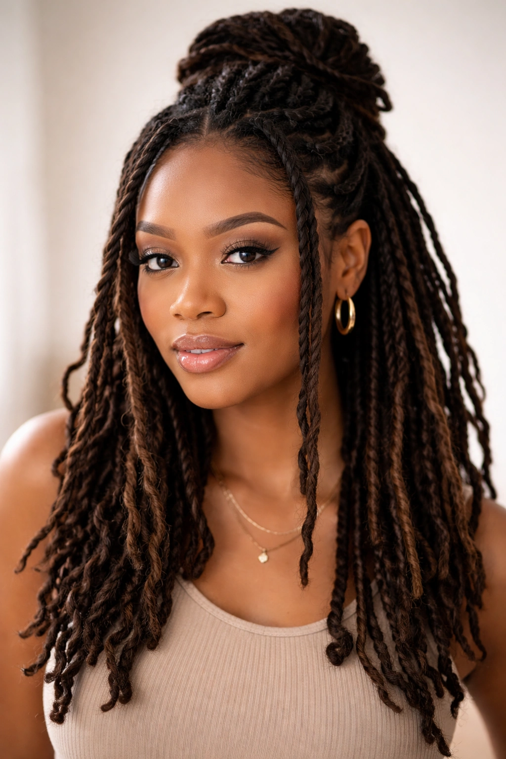 Half-up hairstyle with twisted locs framing the face.