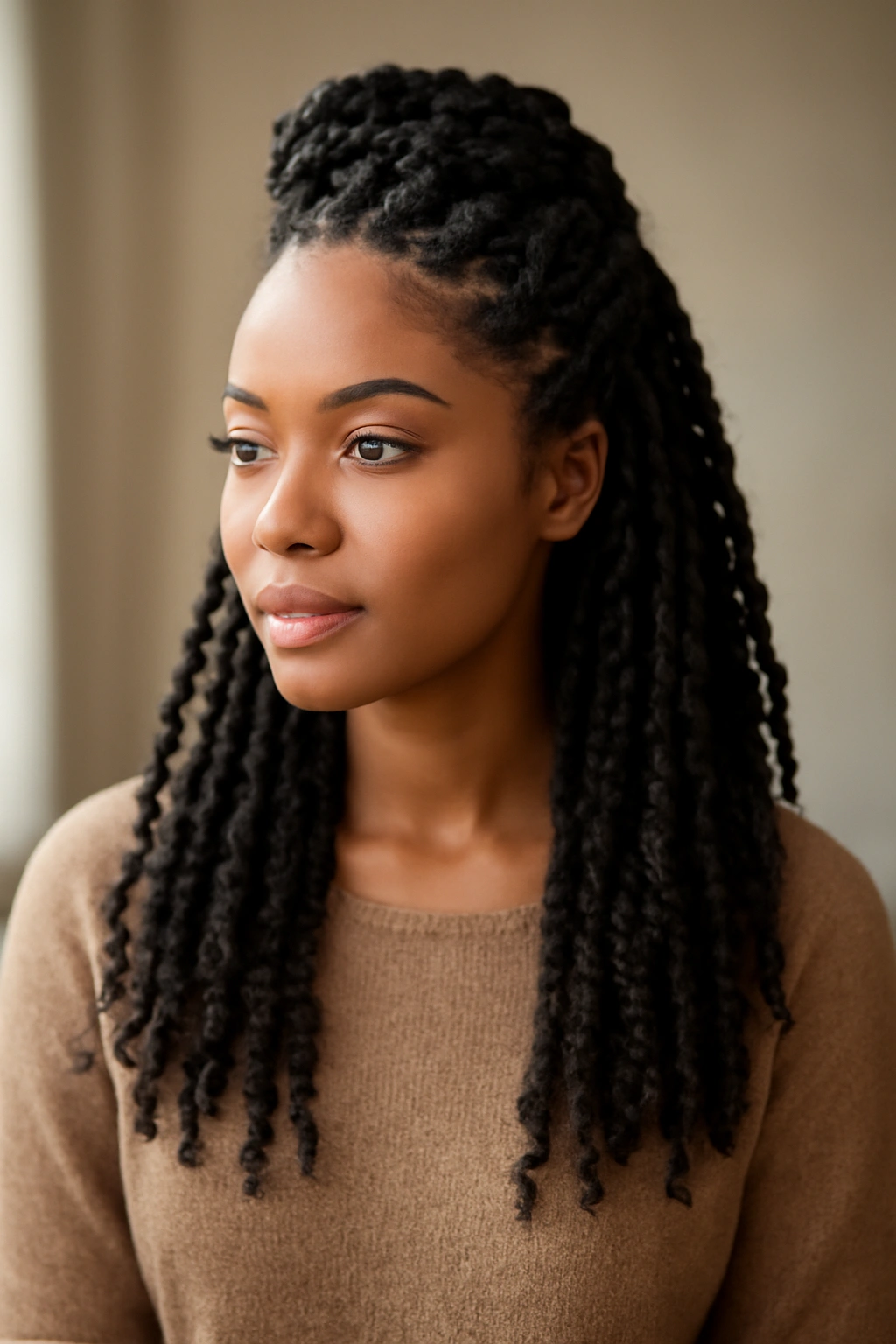 Half-up passion twists pulled at crown with length down