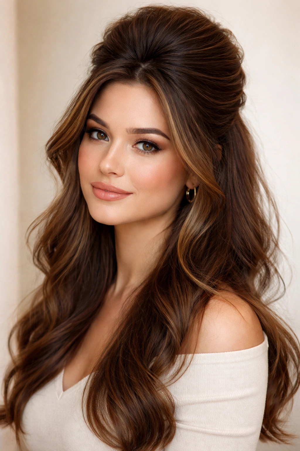 Half-up hairstyle with volume at crown and flowing lower hair