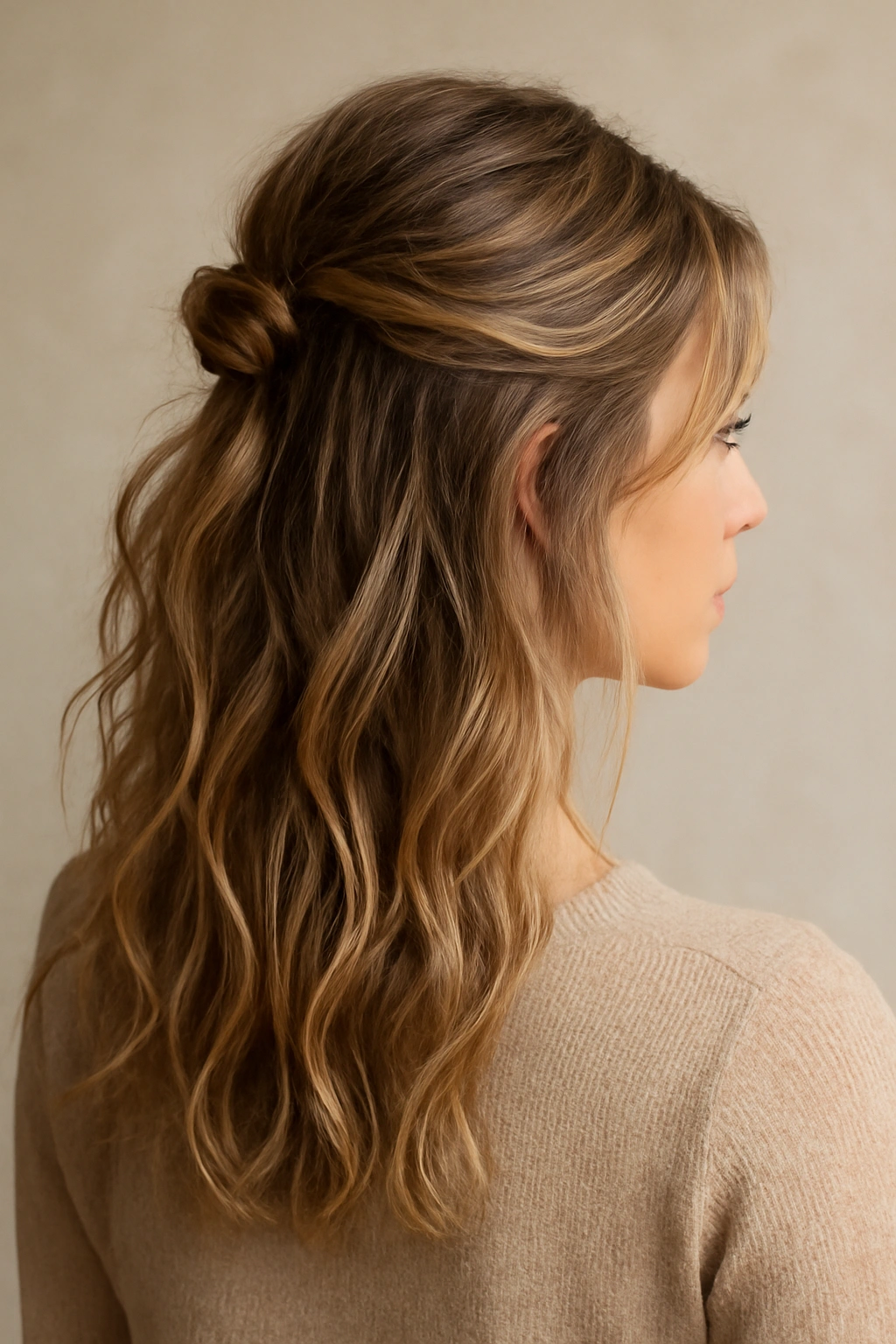 Half-up hairstyle with tousled waves and pulled-back temple sections