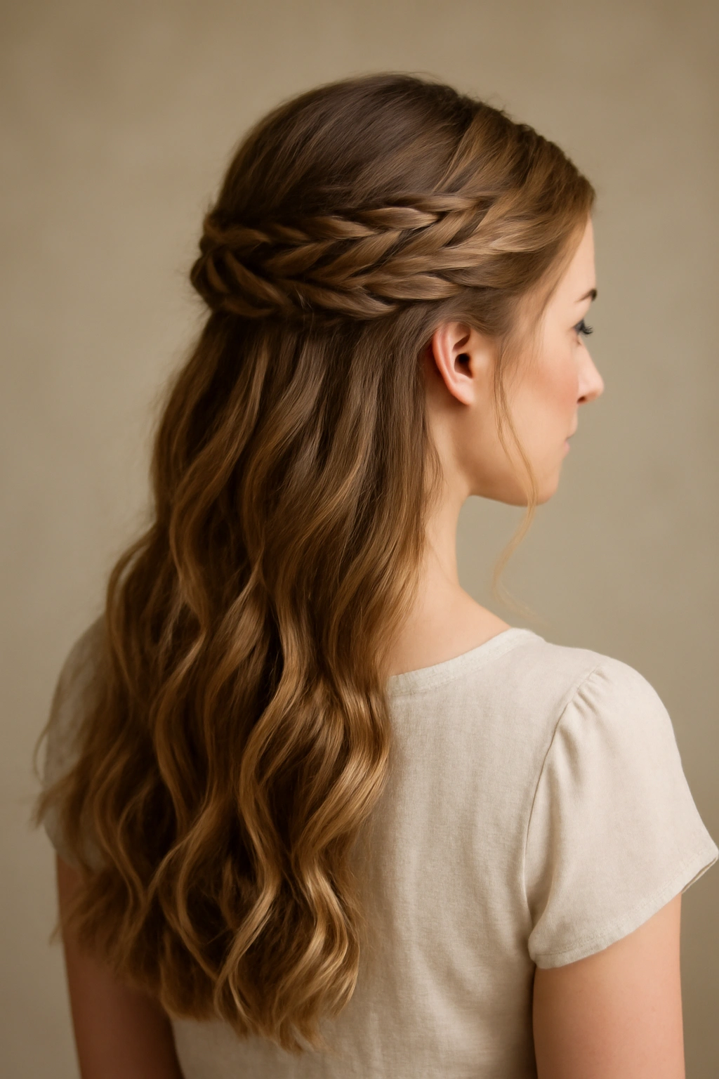 Half-up half-down hairstyle with woven details and flowing lower hair