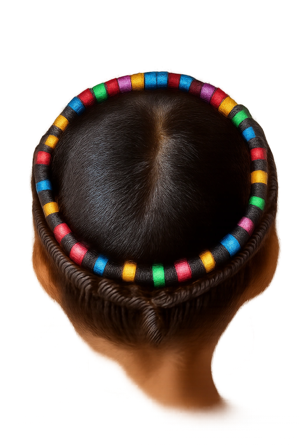 Halo braid around the head with multicolor beads, viewed from above.