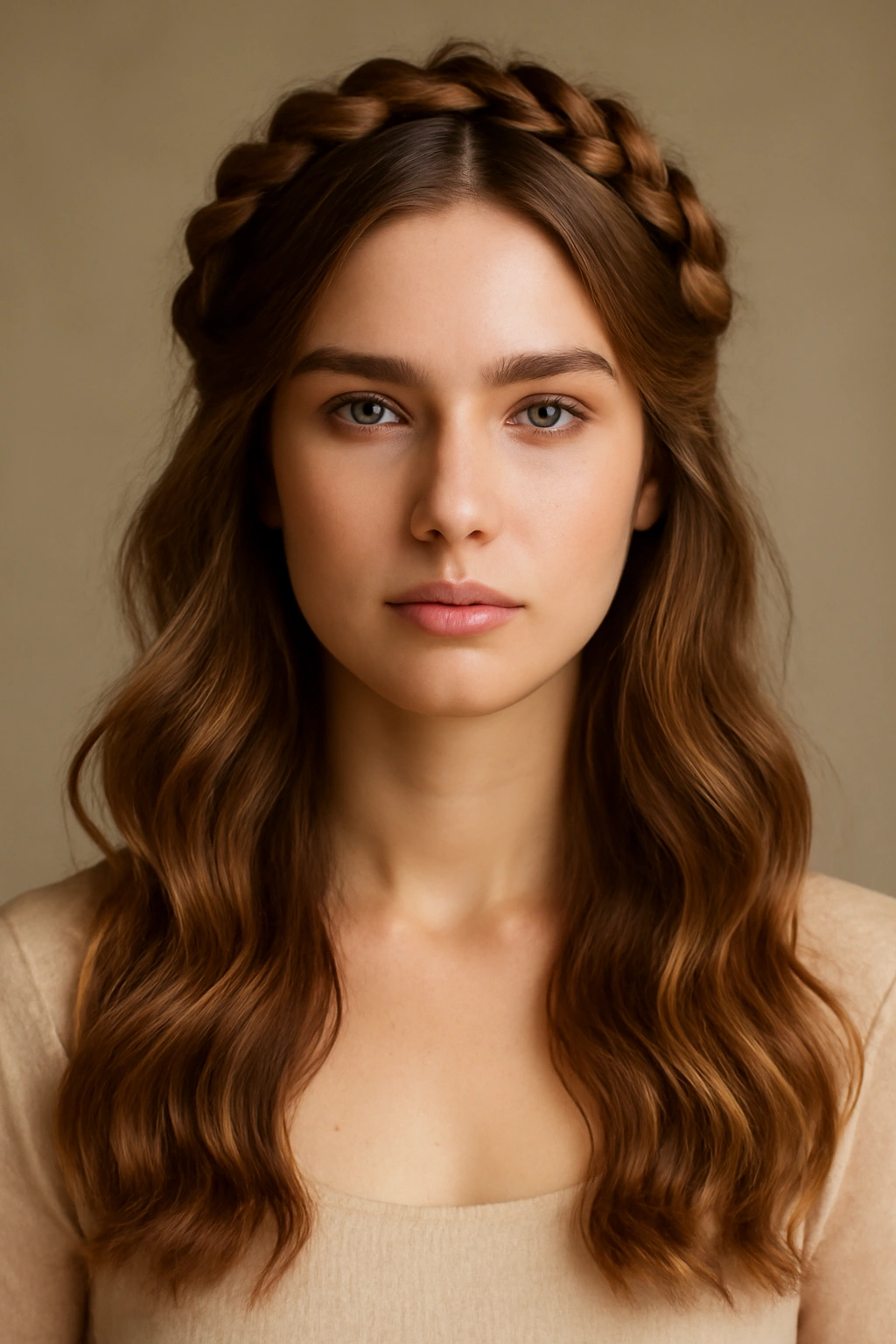 Halo braid around crown with loose waves beneath.