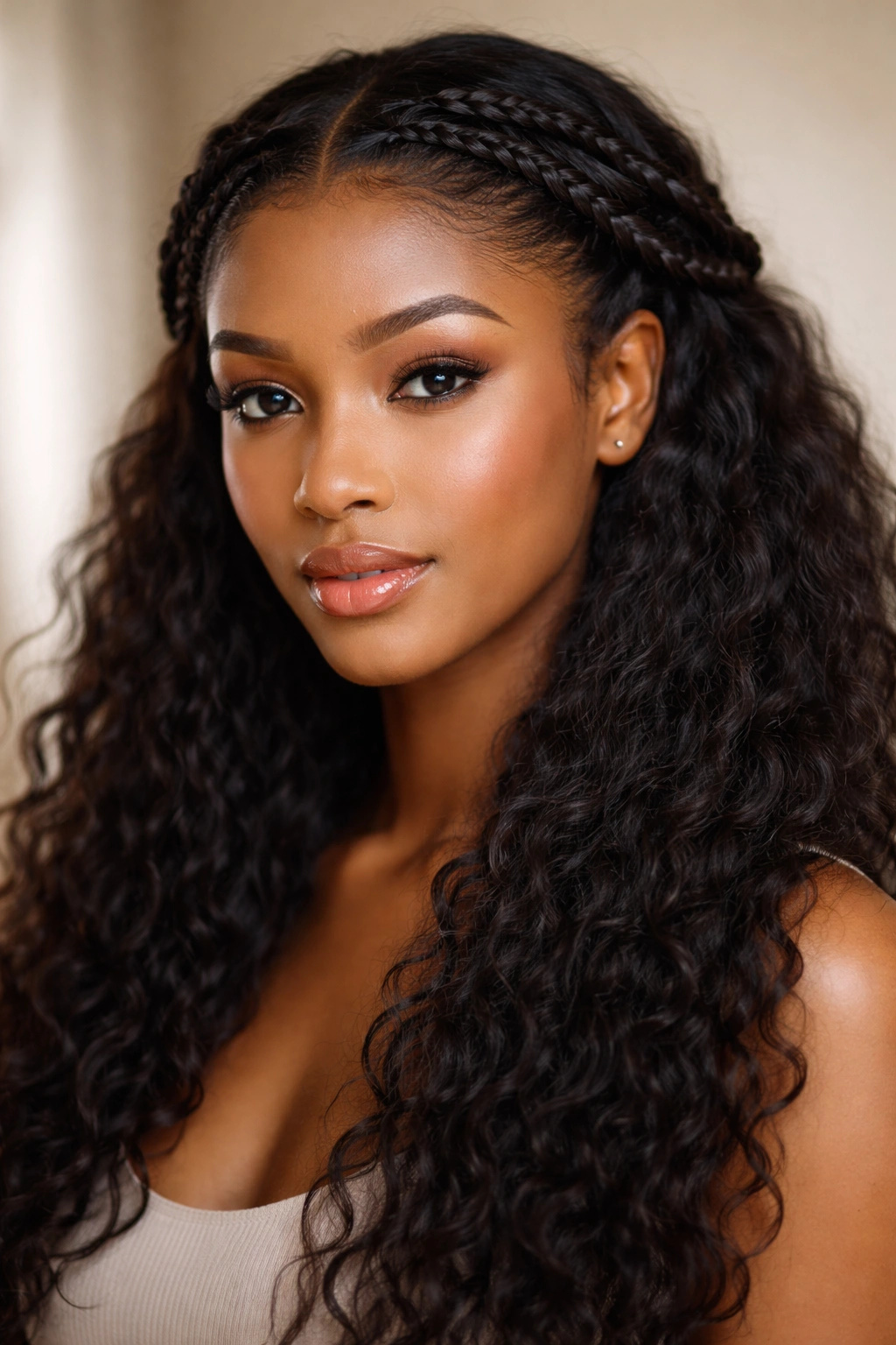 Two thin halo braids framing the head with loose hair underneath
