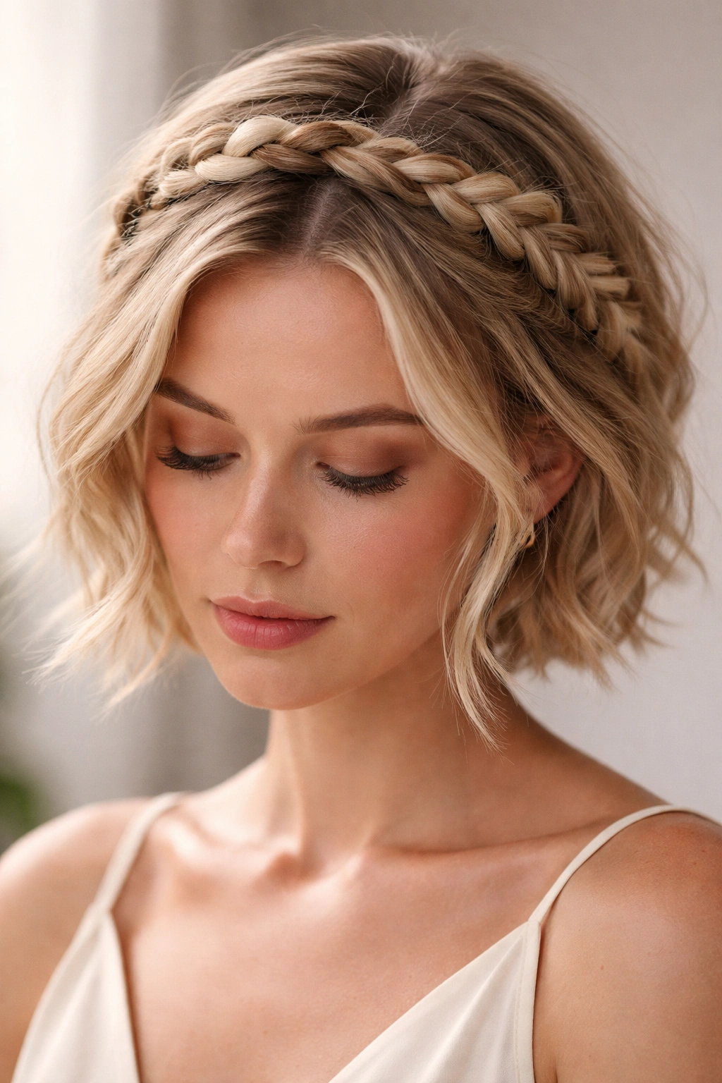 Close-up of a halo braid around the head with loose texture on short hair