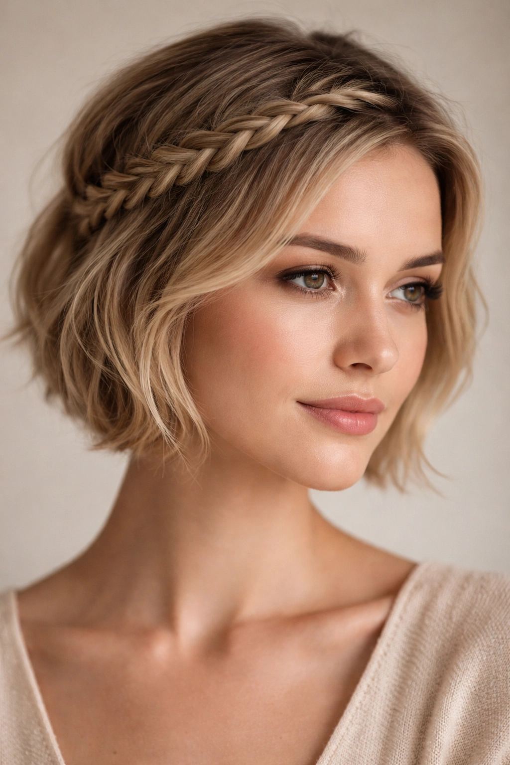 Close-up of halo braid tracing the hairline around the crown on short hair.