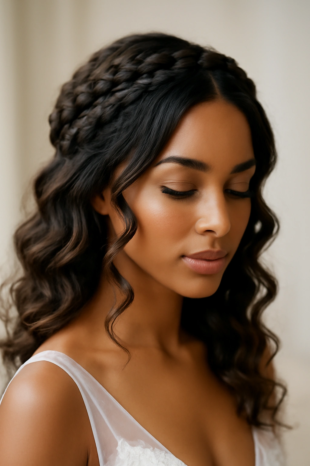 Close-up of halo braided crown with curled ends framing the bride's face.