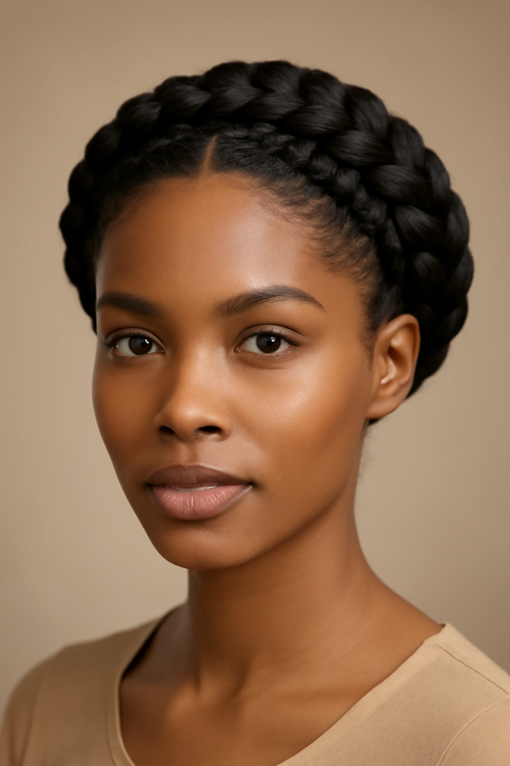 Close-up view of knotless halo braids forming a crown around the head