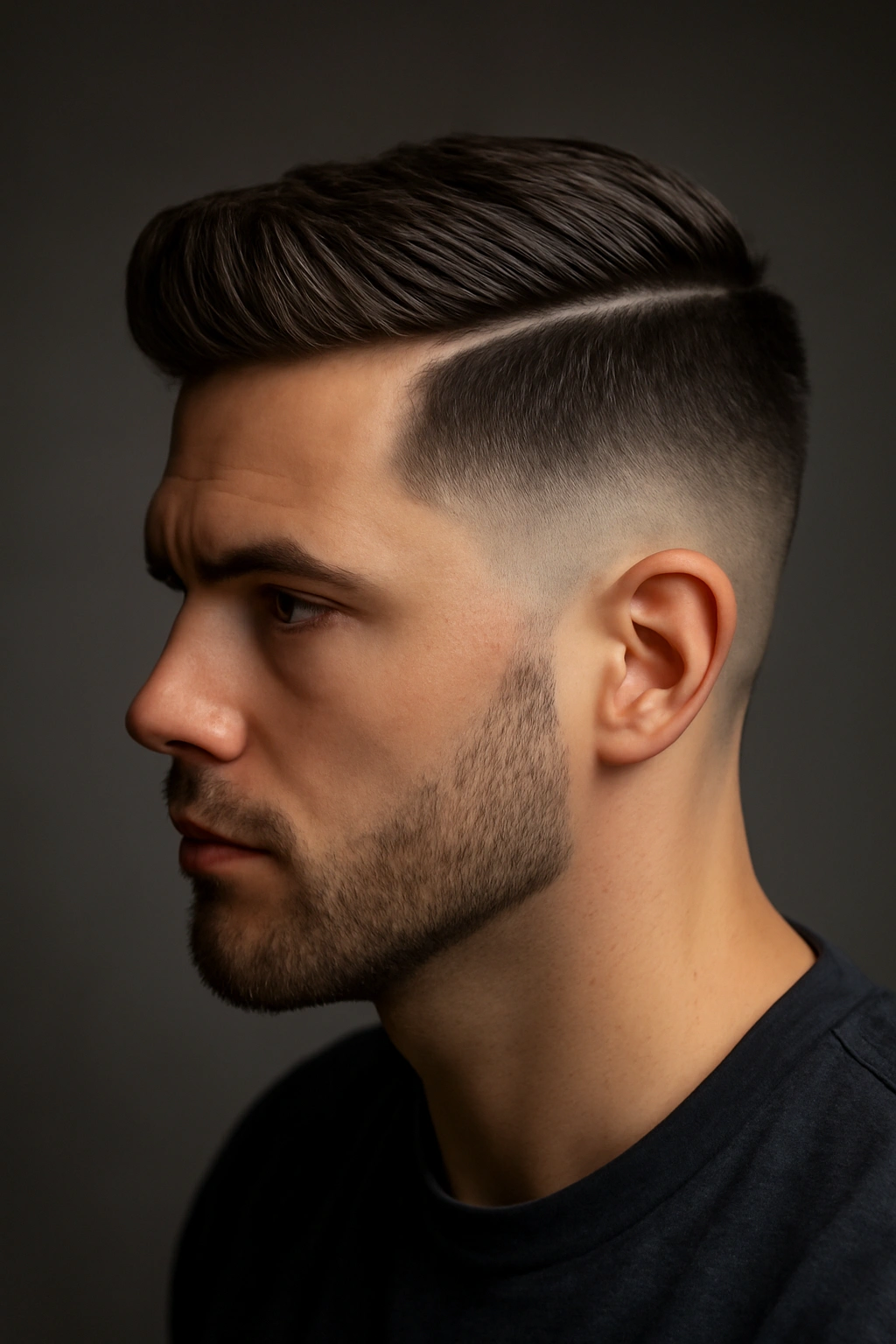 Portrait of a man with a hard part and fade, showing a sharp side line