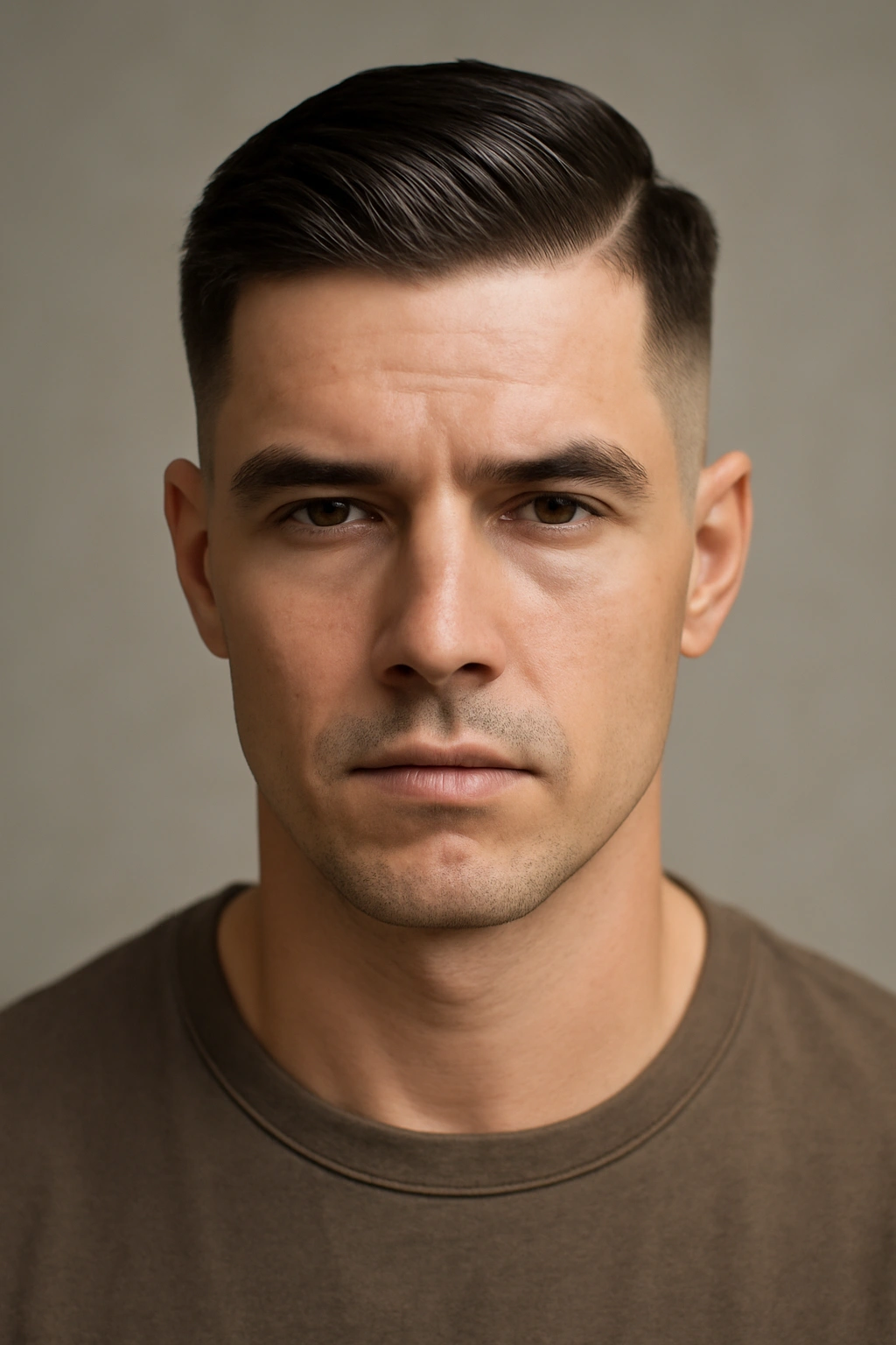 Close-up of a man showing a razor-sharp hard part and clean fade.
