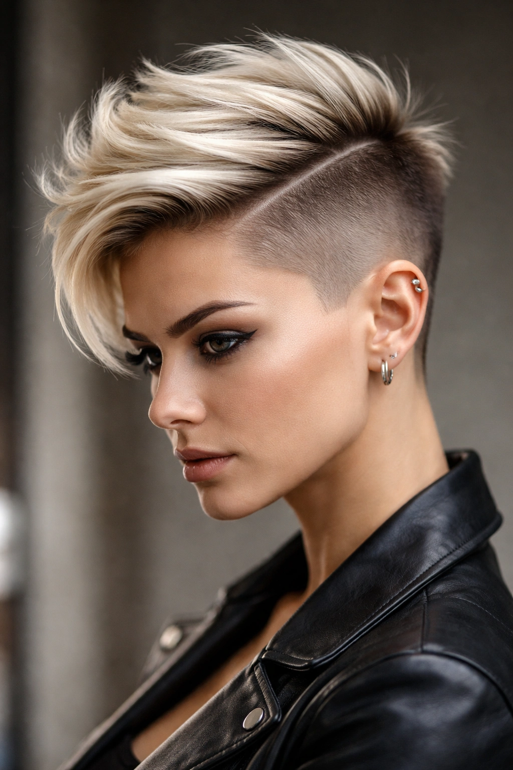 Hard part pixie cut with disconnected crown in studio portrait