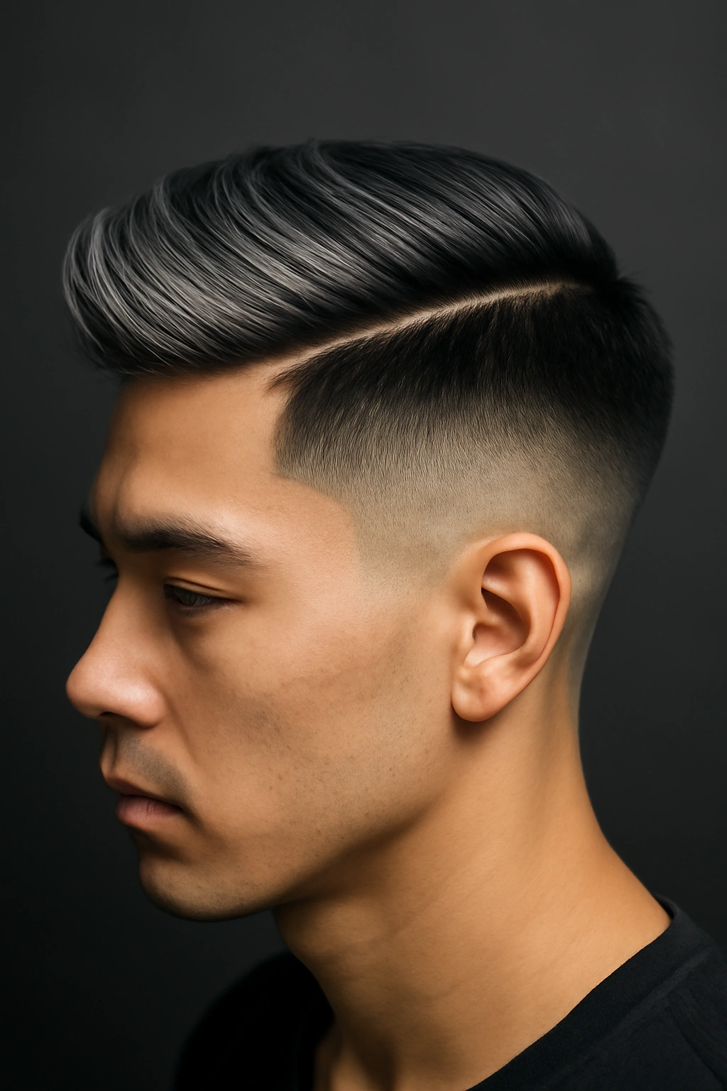 Close-up of hard-part undercut with black-to-silver ombre showing a sharp part and silver tips.