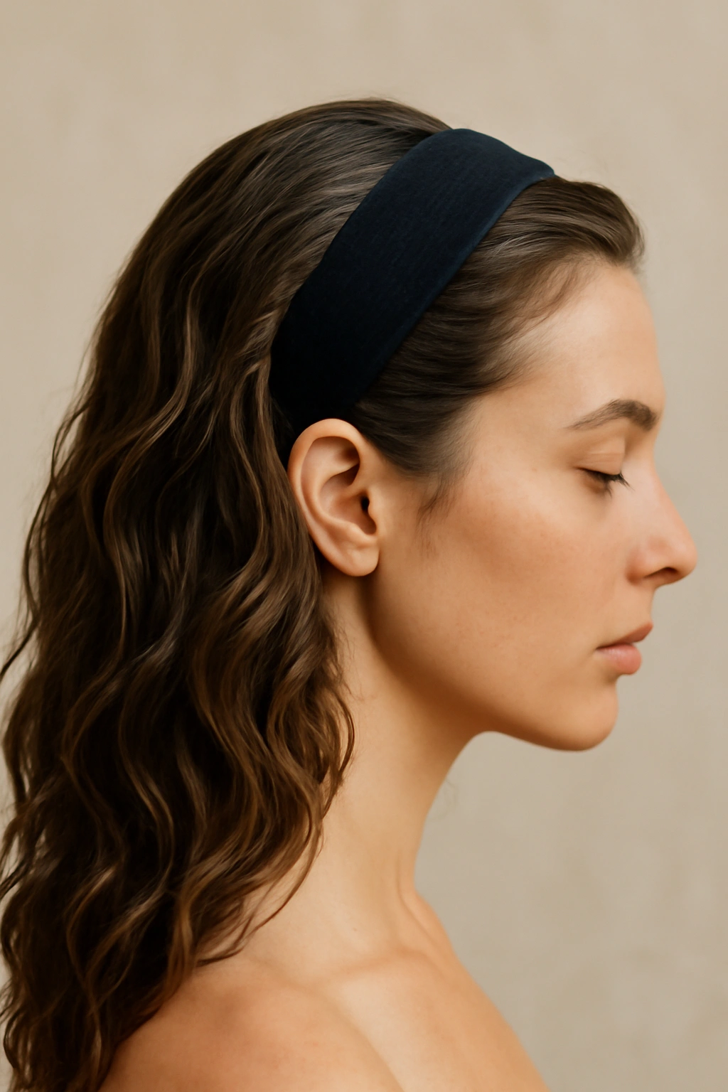 Side profile with headband and side-swept waves
