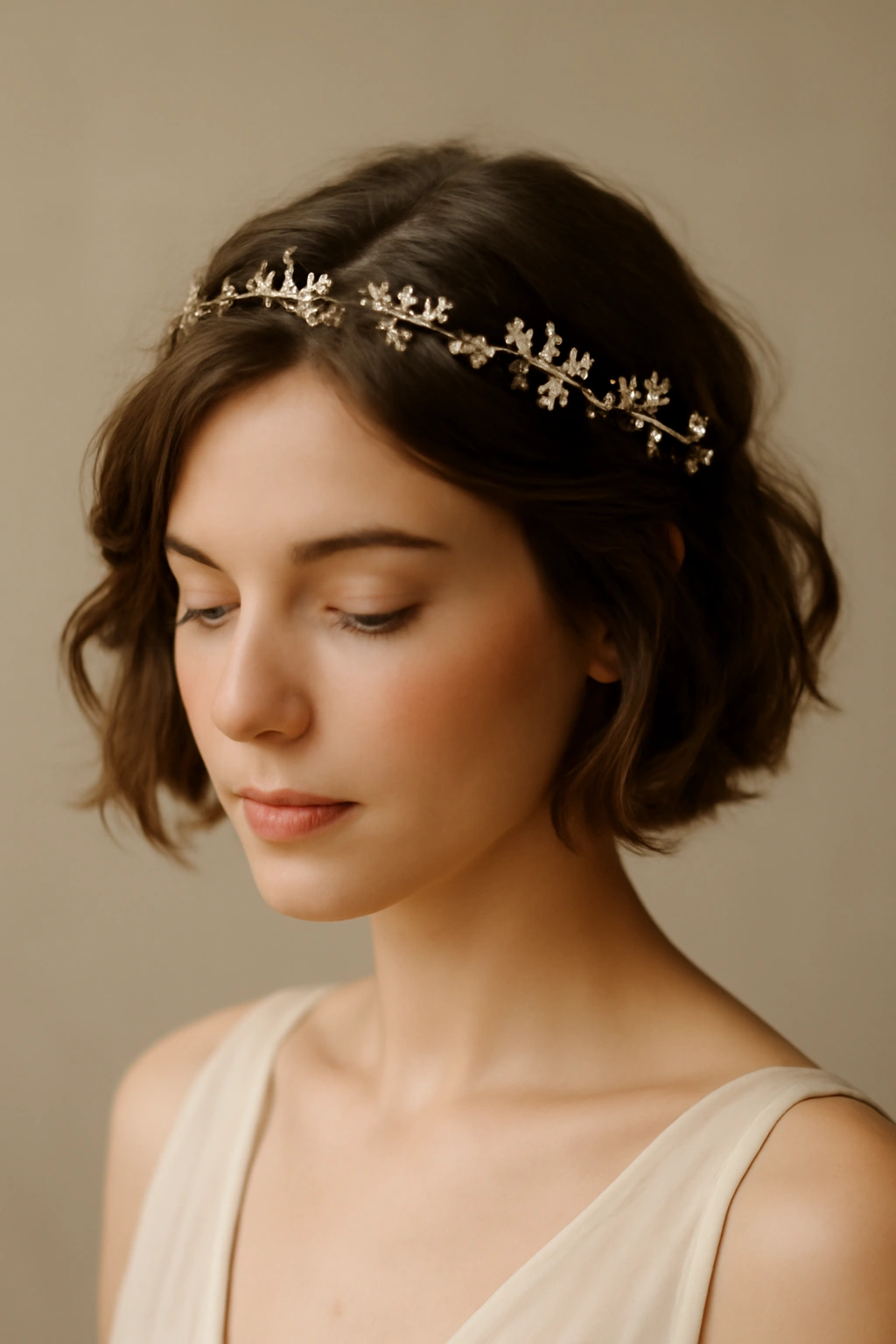 Short hair with a delicate headpiece across the crown.