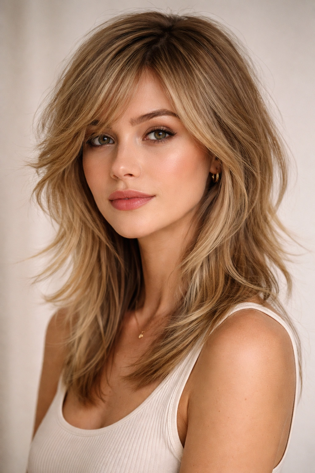 Close-up portrait of a heart-shaped face model wearing a side-swept feathered shag for fine hair