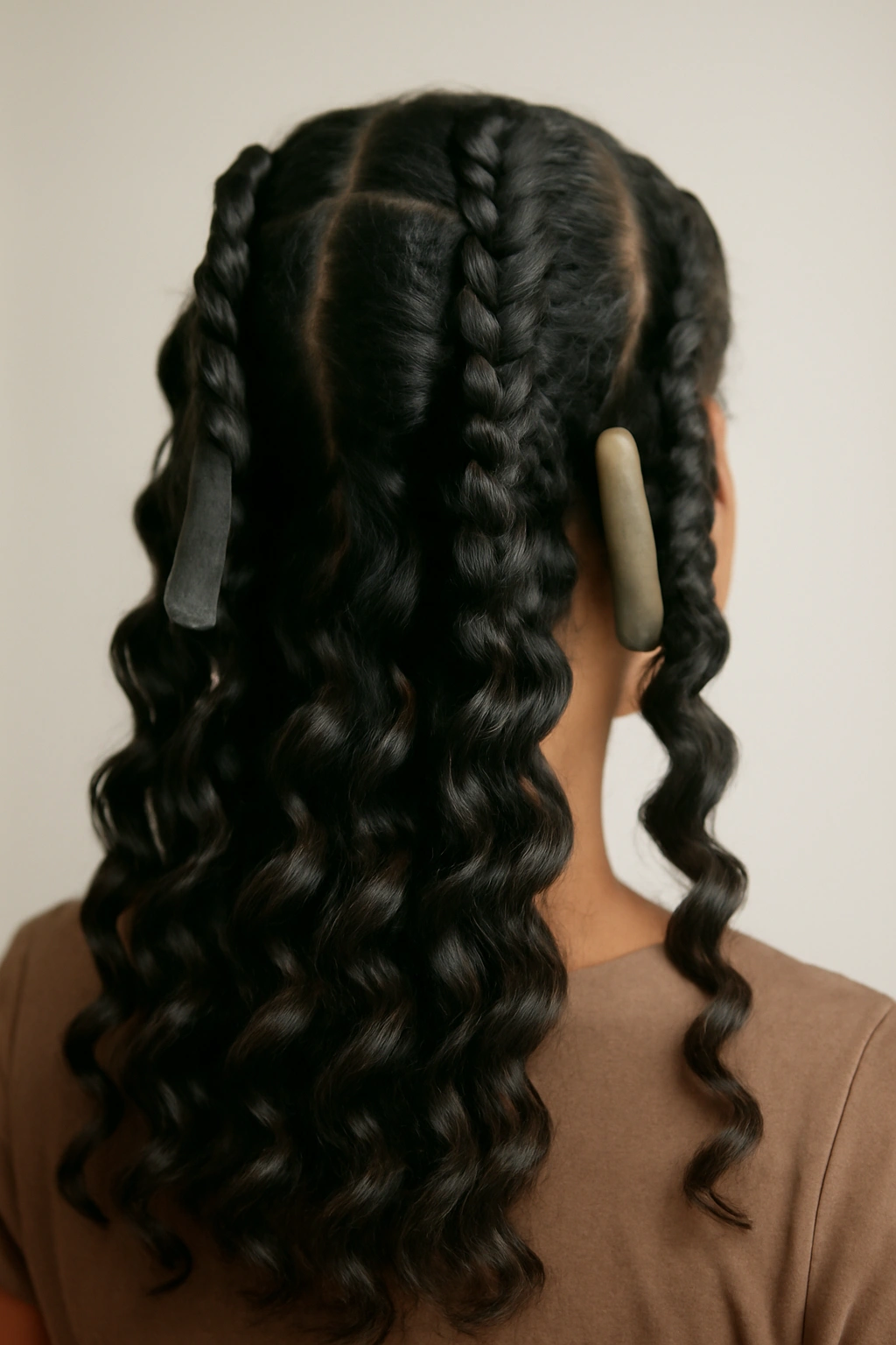 Close-up of heatless waves formed with braids and rods in hair