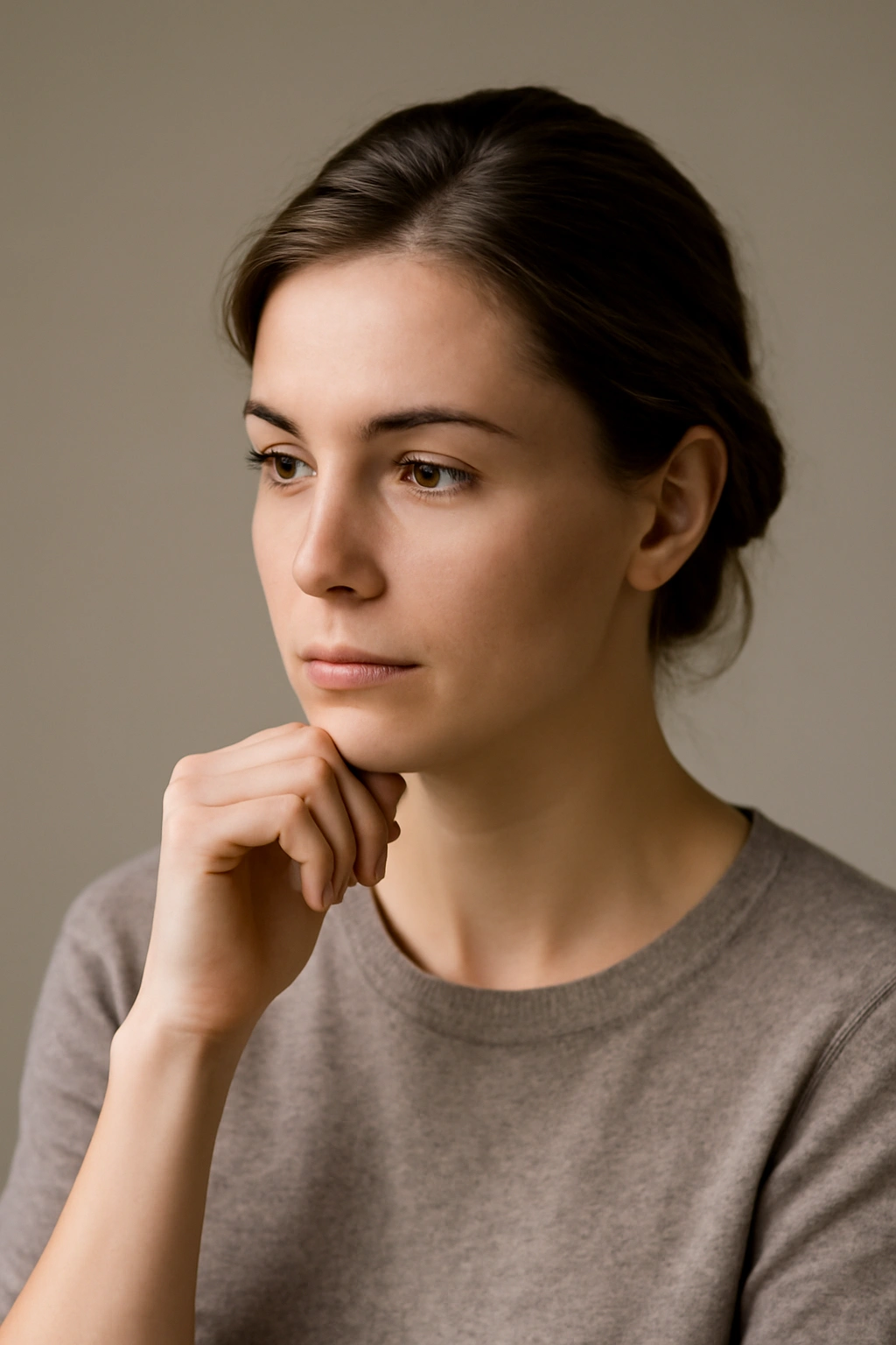 Contemplative portrait suggesting helmet-friendly hair ideas