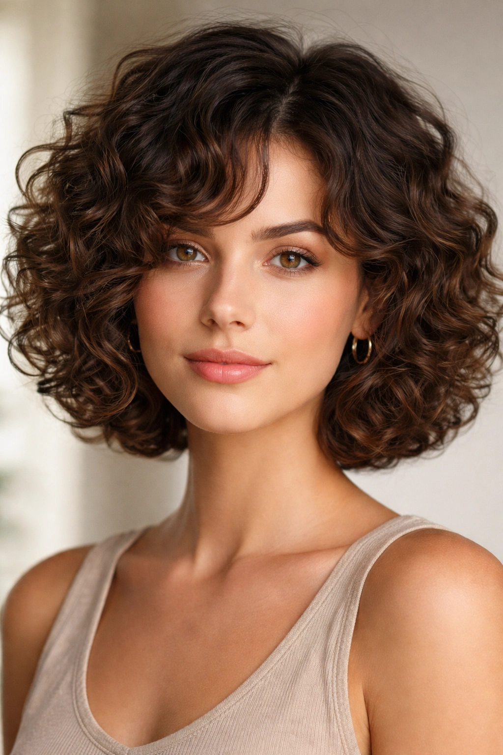 Blunt outer bob with hidden interior layers creating movement in thick curls.