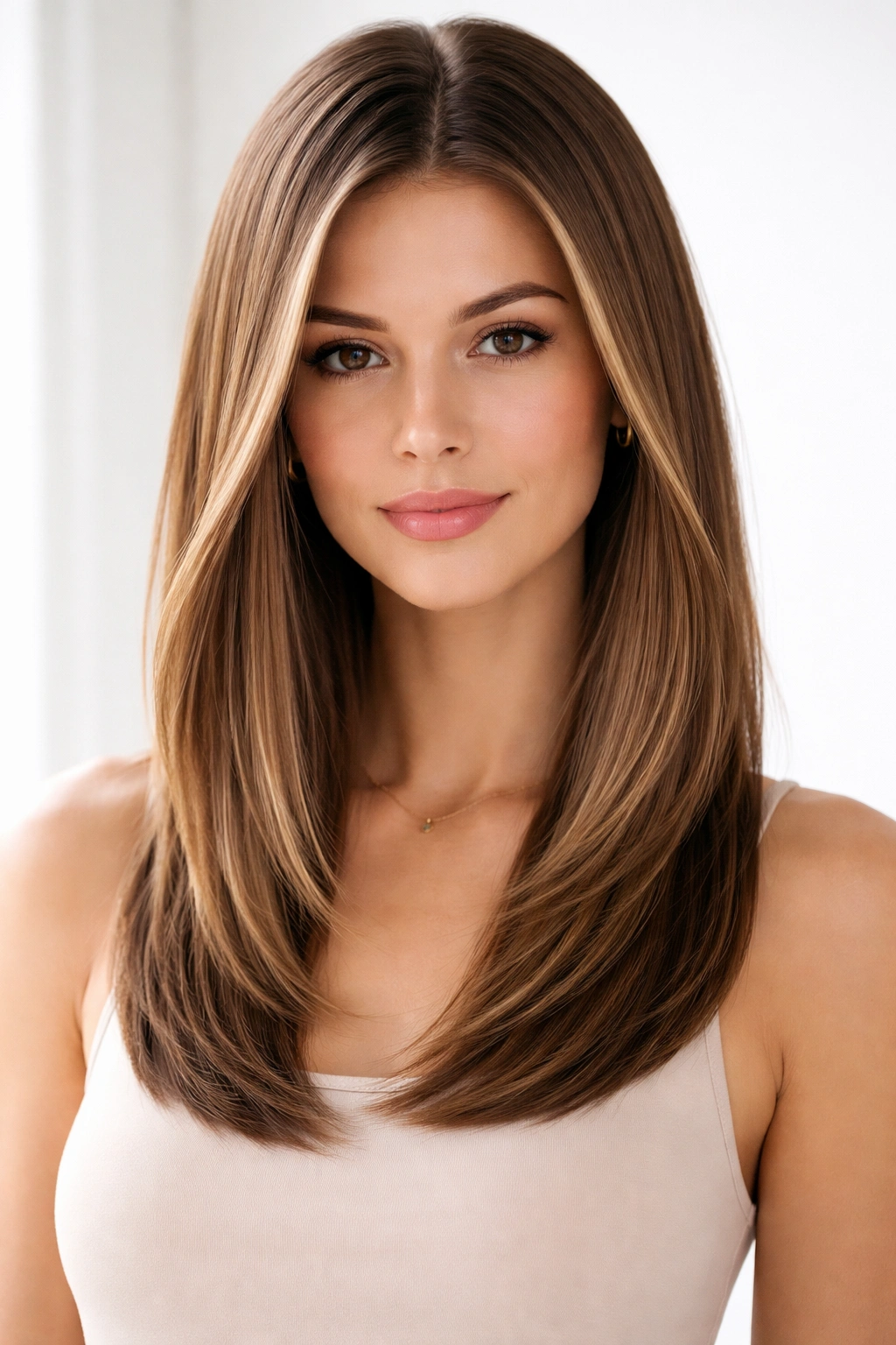 Straight, sleek hair with hidden layers creating texture