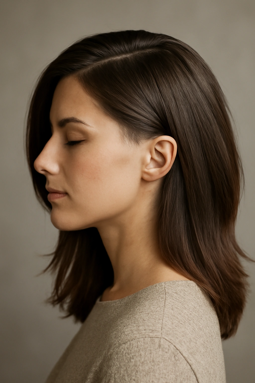 Side profile of a woman with long hair concealing a hidden undercut