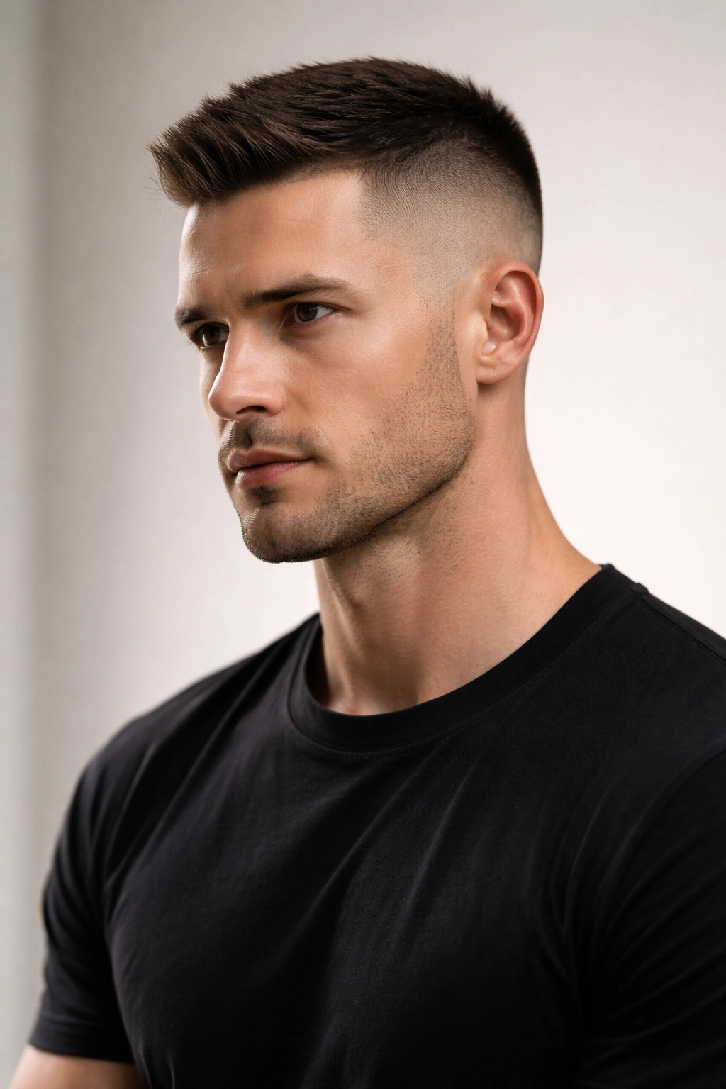 Portrait of a high and tight fade with very short sides and longer top
