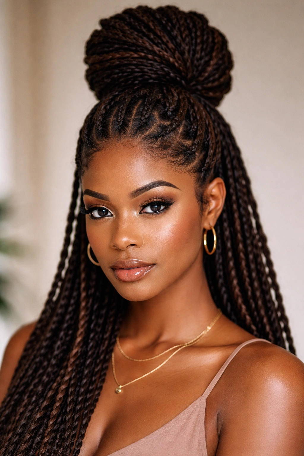 High bun with small front braids woven into the center