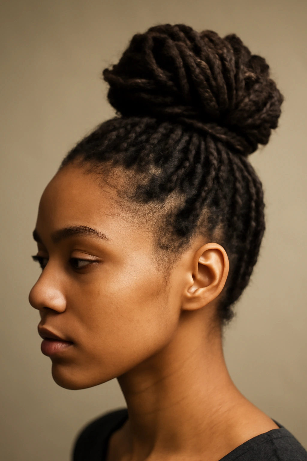 High bun of short dreadlocks at the crown showing textured coils.
