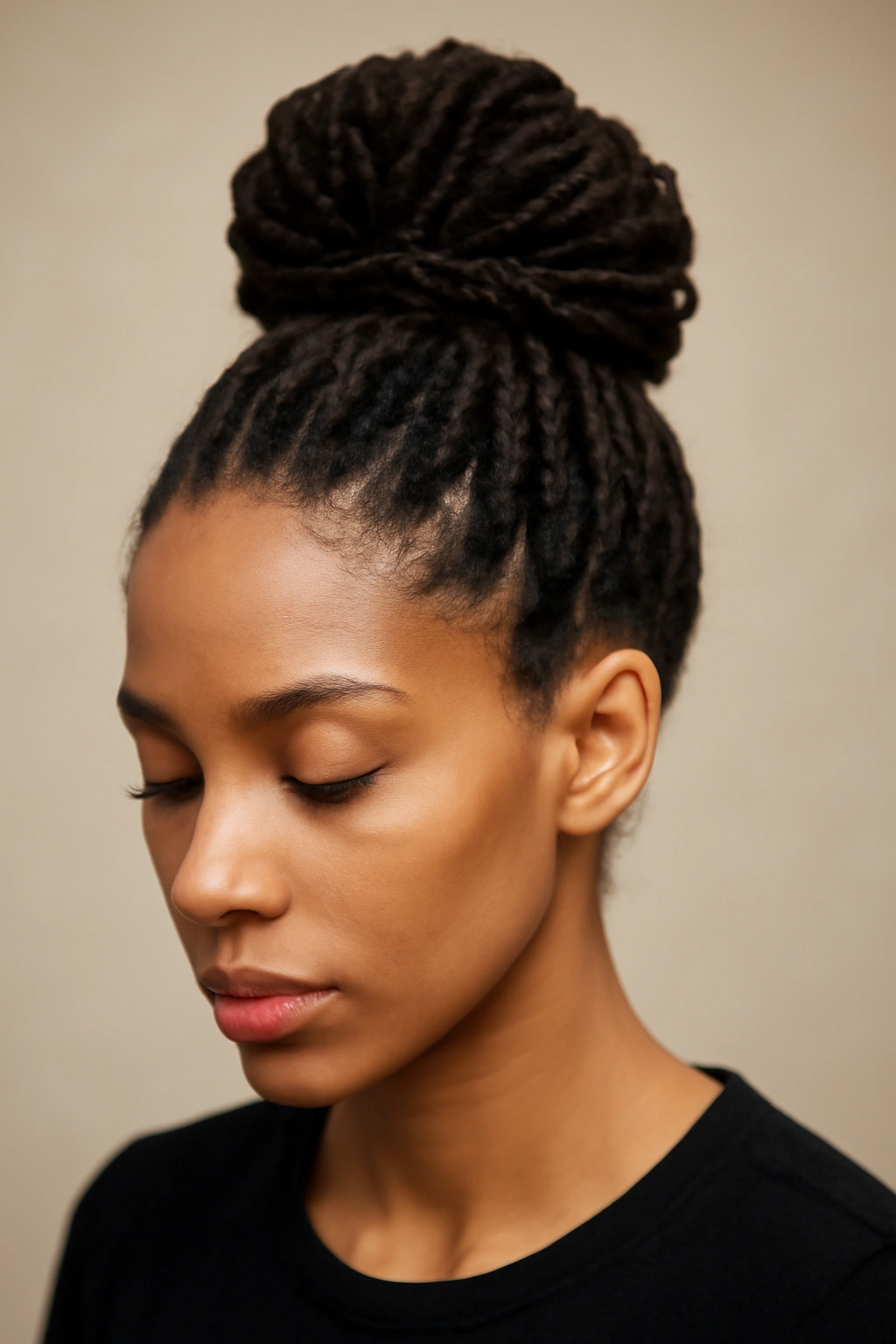 High bun of locs at crown, clean and polished updo