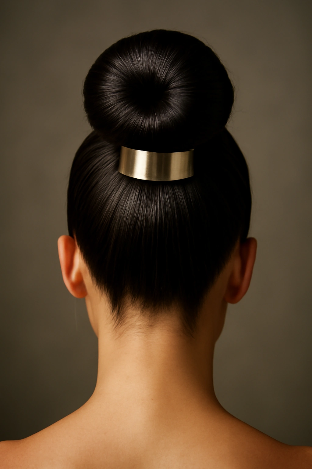 Close-up of sleek high bun with metallic accessory for wedding look