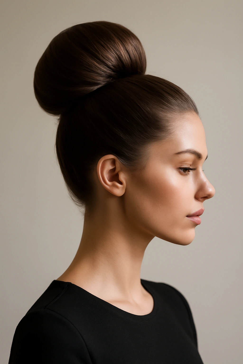 High bun at the crown with clean lines and controlled finish