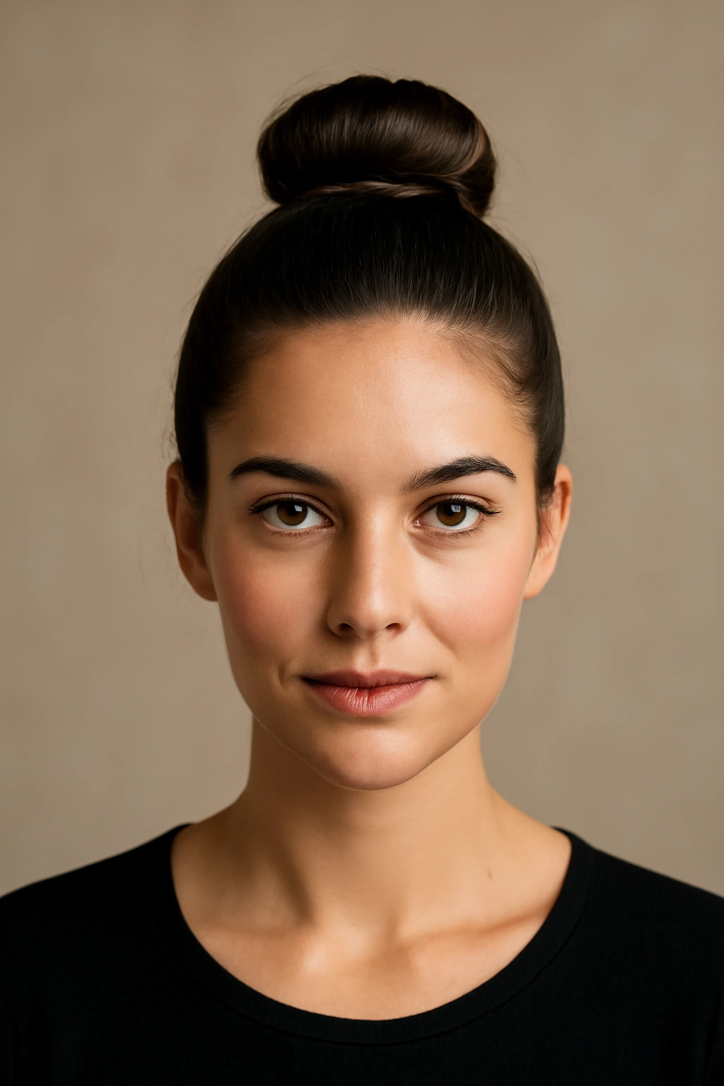 Close-up of a sleek high bun updo at the crown with polished finish
