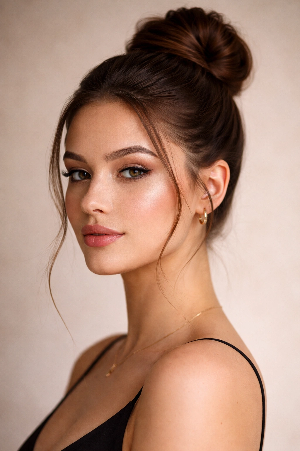 Model with sleek high bun and wispy strands at temples for soft contrast.