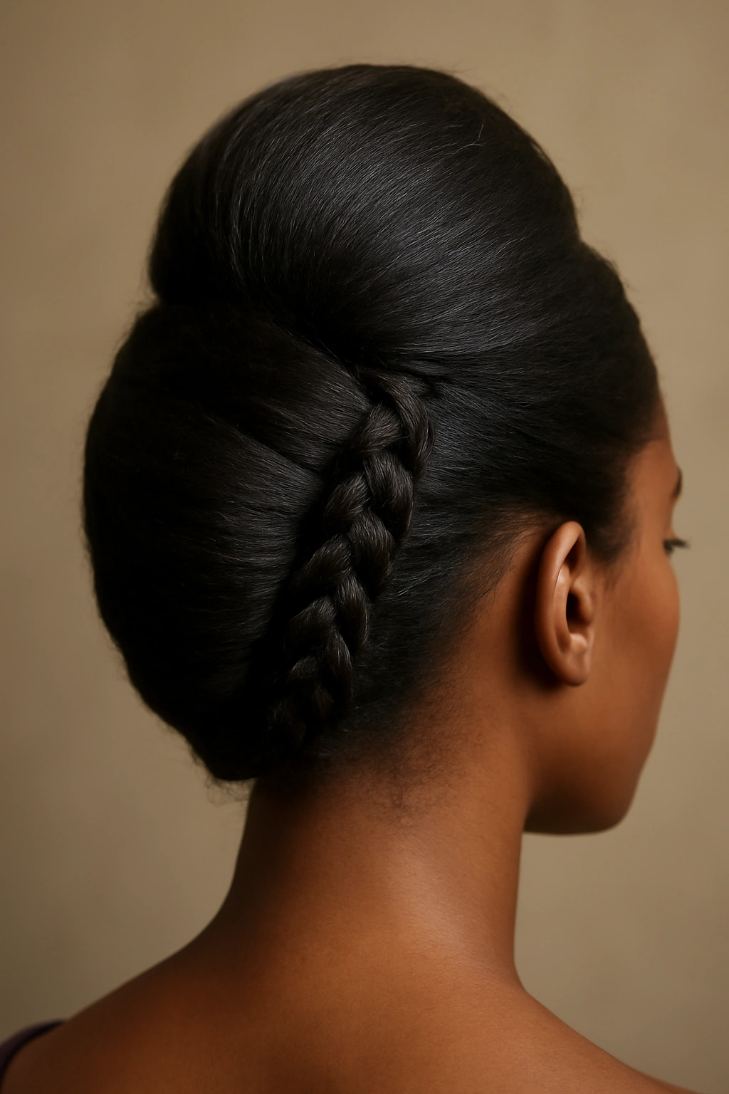 Back/top view of a high crown French roll with braided detail along the crown