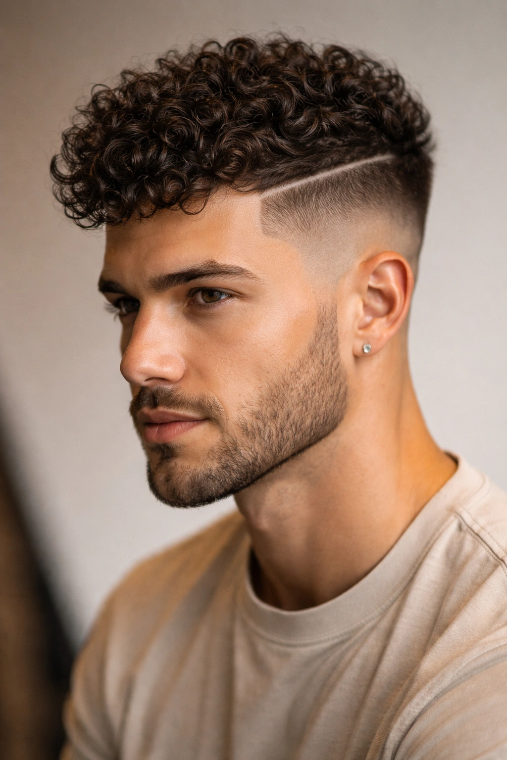 Side and front view of high fade with curly top showing a sharp line
