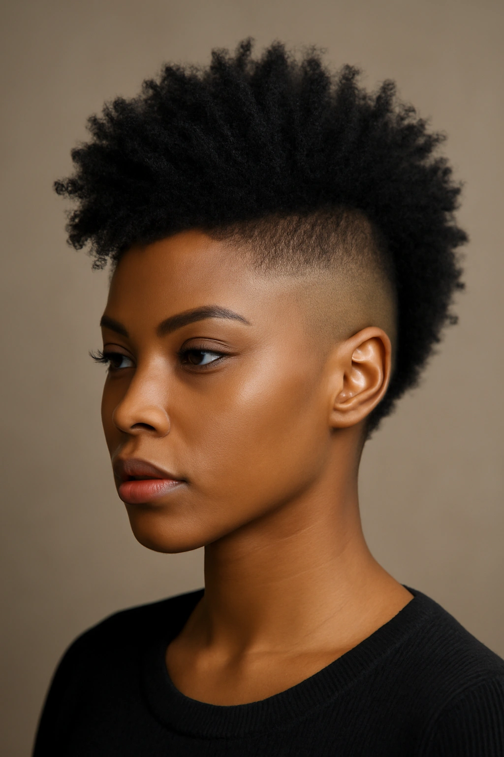 Bold The High-Fade Mohawk Bob with dramatic fades and a textured top in studio lighting.