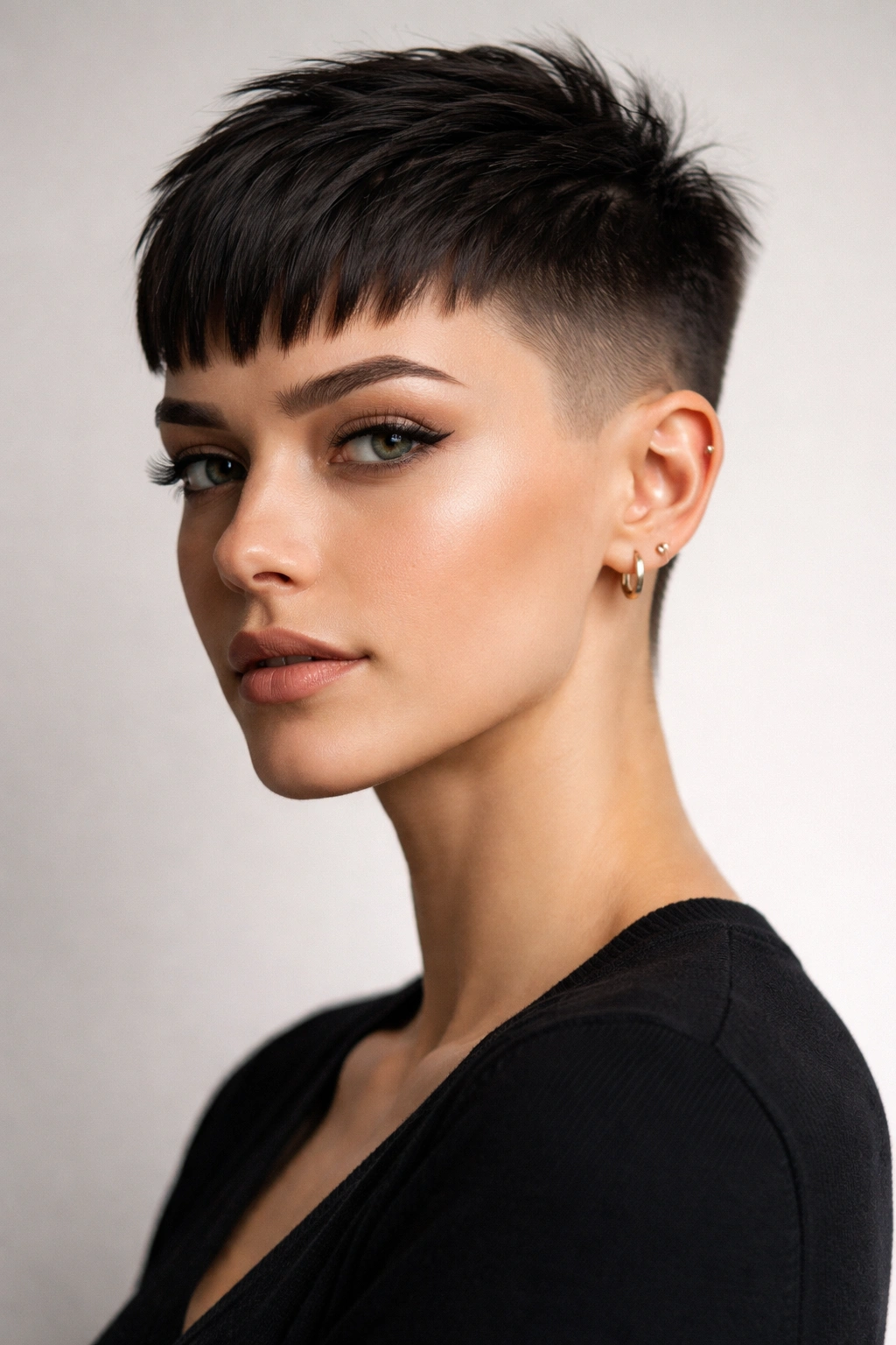Portrait of a person with a high fade pixie and short bangs