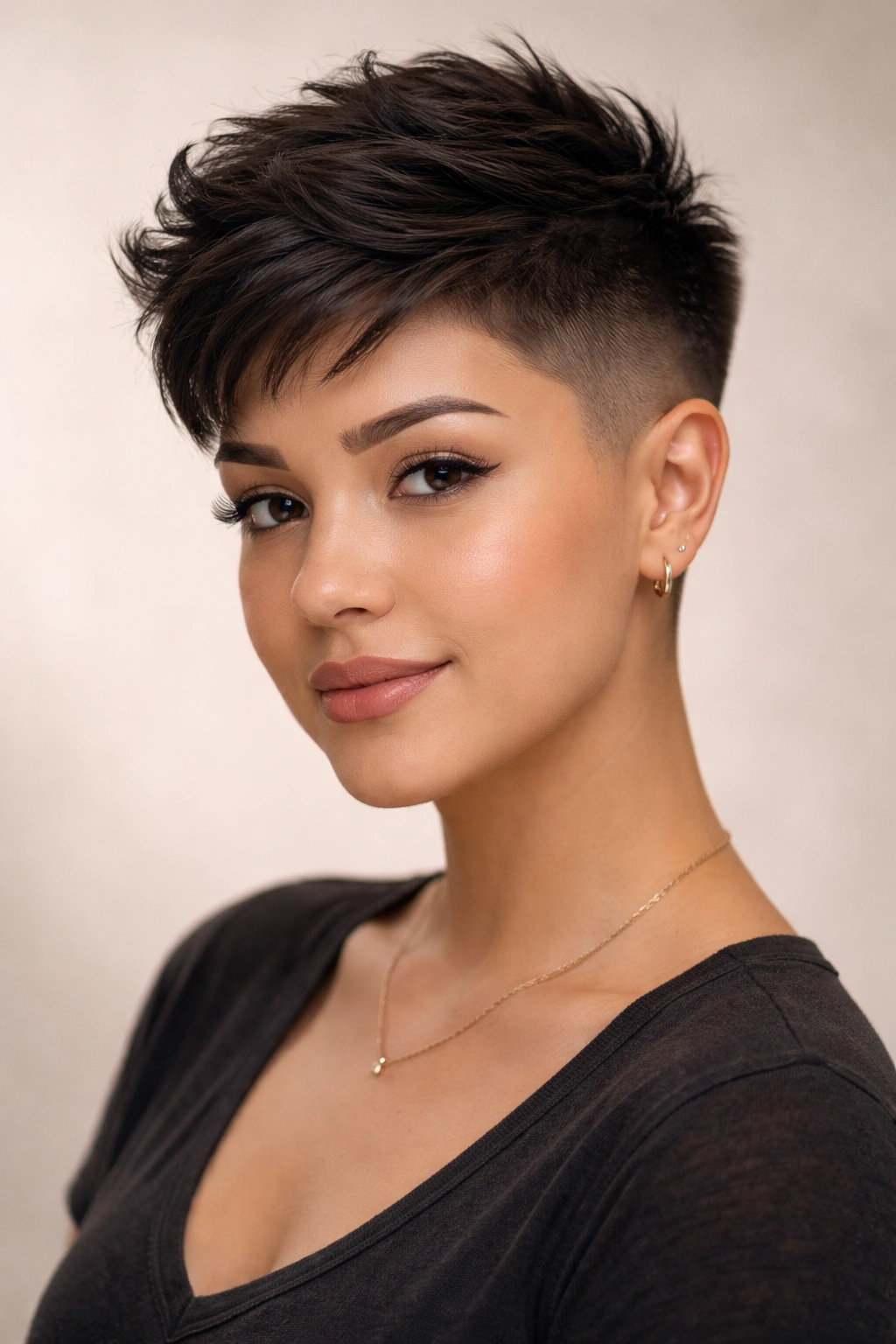 Portrait of a high-fade pixie with tapered sides and textured top
