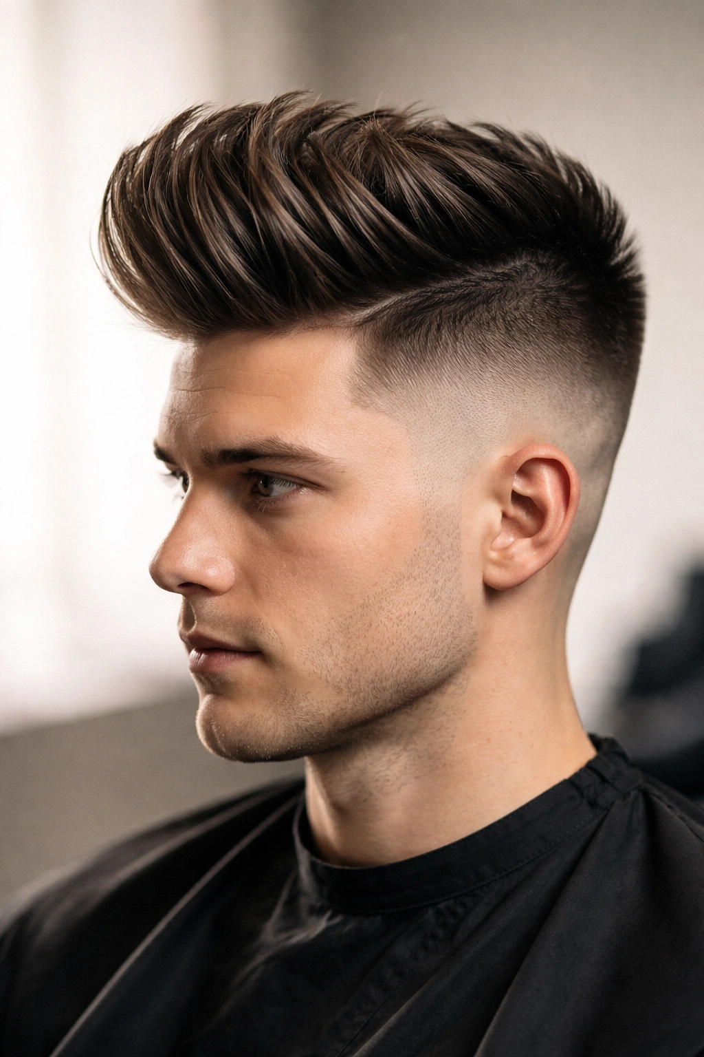 Profile of head with high fade and voluminous pompadour top