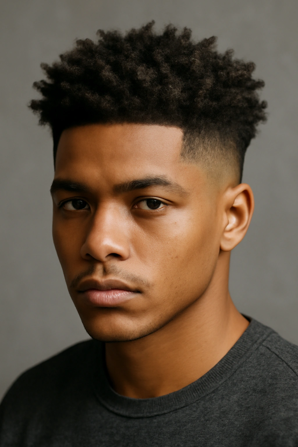Close-up of a person with a high-fade taper and textured crown on loose Type 3A/3B curls