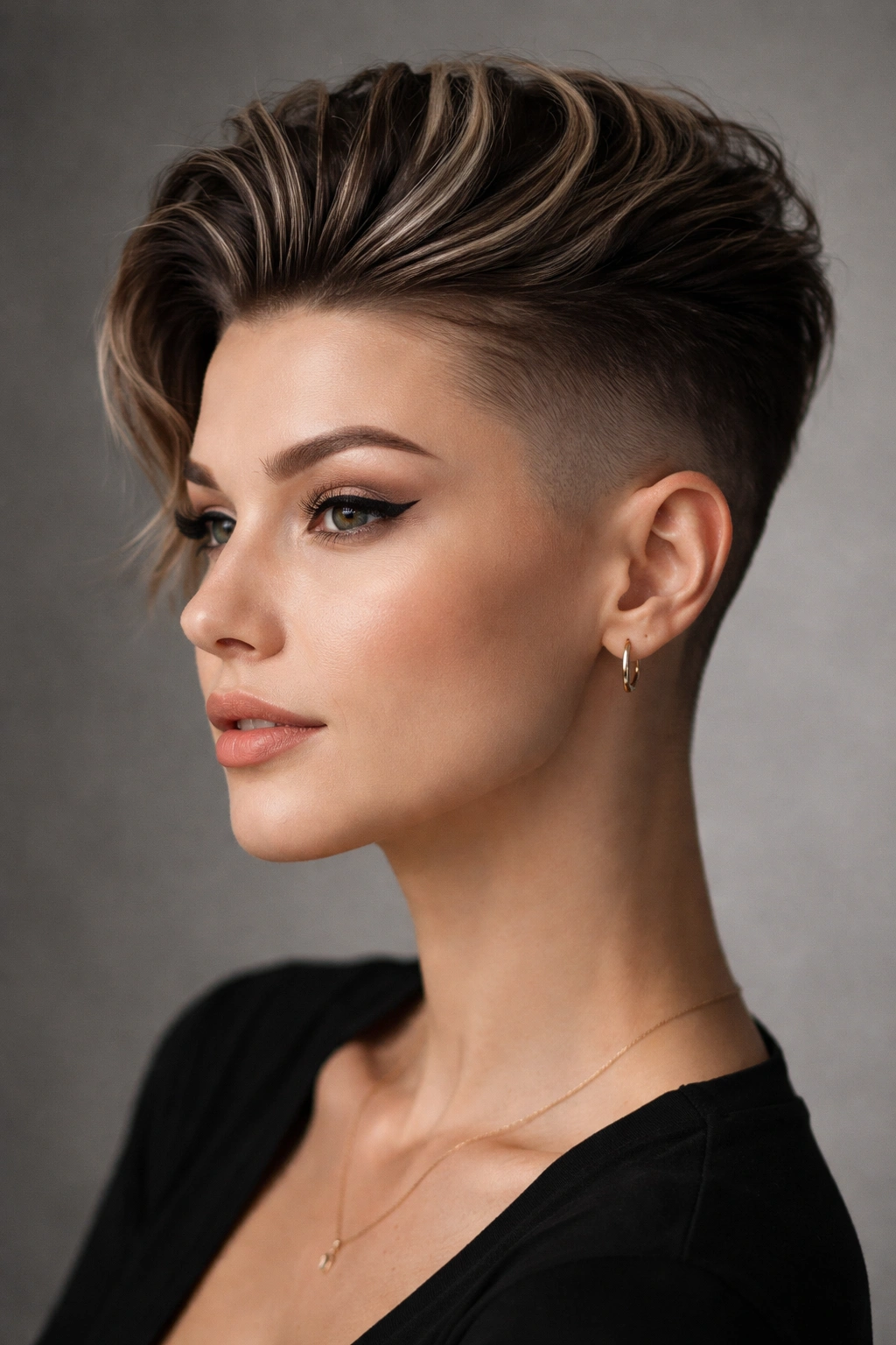 Close-up of a woman with a high fade and textured swept-back top, highlighting shaved sides and voluminous crown